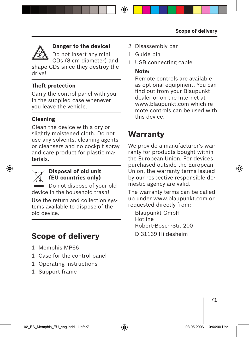 Scope of delivery, Warranty | Blaupunkt MEMPHIS MP66 7 646 520 310 User Manual | Page 7 / 77