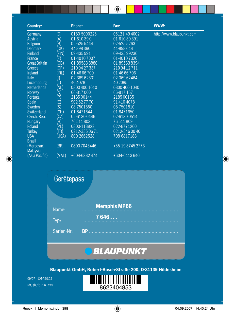 Gerätepass | Blaupunkt MEMPHIS MP66 7 646 520 310 User Manual | Page 77 / 77
