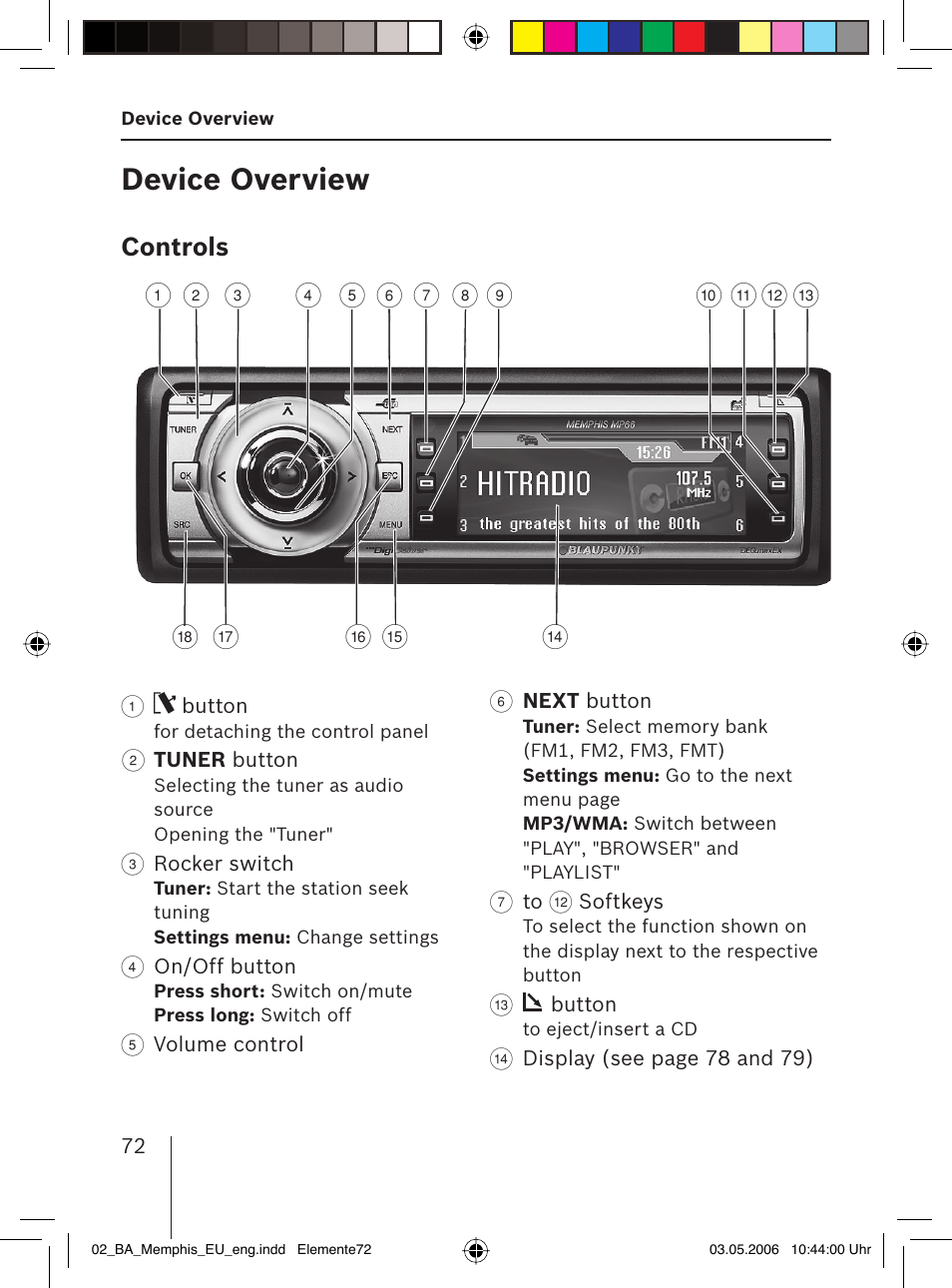 Device overview, Controls | Blaupunkt MEMPHIS MP66 7 646 520 310 User Manual | Page 8 / 77