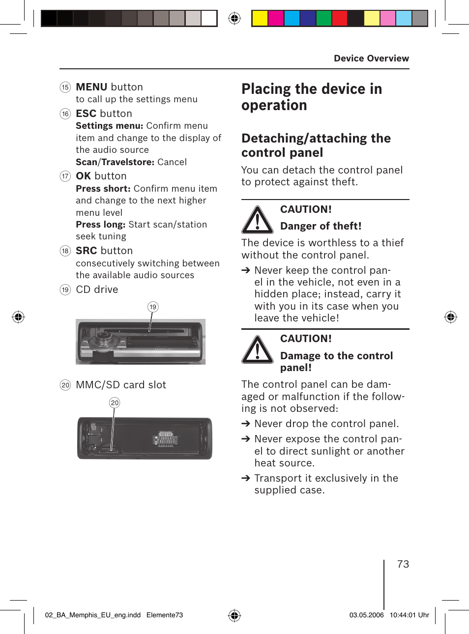 Placing the device in operation, Detaching/attaching the control panel | Blaupunkt MEMPHIS MP66 7 646 520 310 User Manual | Page 9 / 77