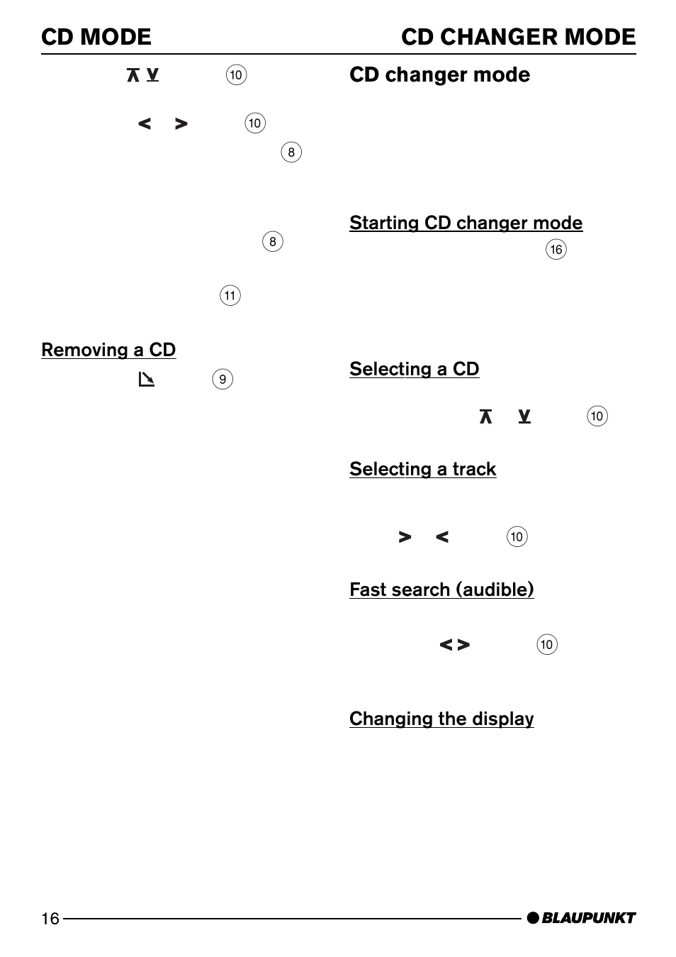 Cd mode cd changer mode, Cd changer mode | Blaupunkt HEIDELBERG CD51 User Manual | Page 16 / 27