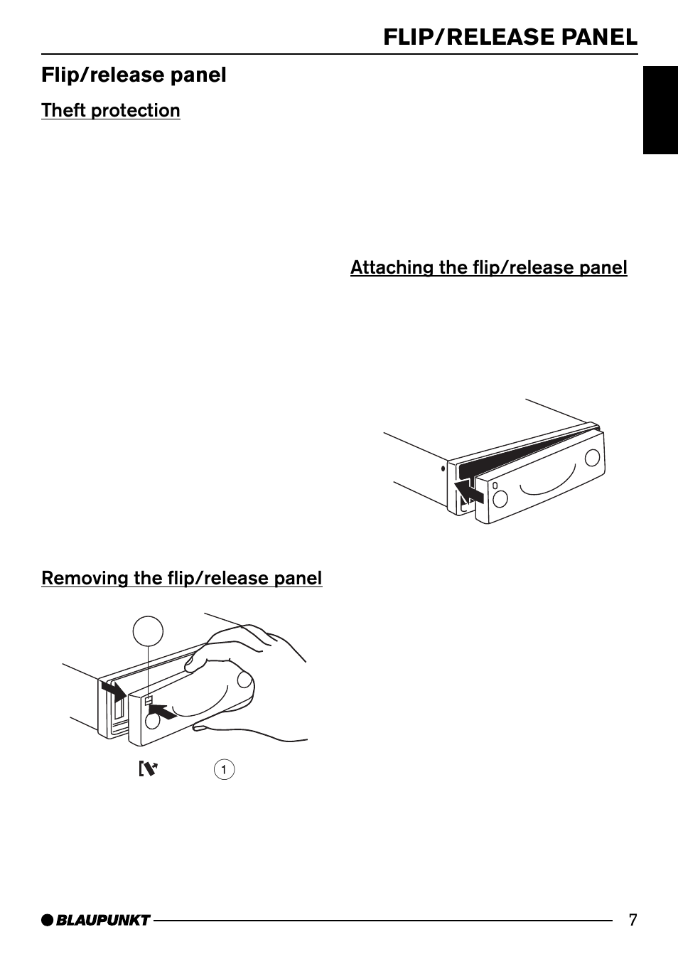 Flip/release panel, Theft protection, Removing the flip/release panel 1 | Attaching the flip/release panel | Blaupunkt HEIDELBERG CD51 User Manual | Page 7 / 27