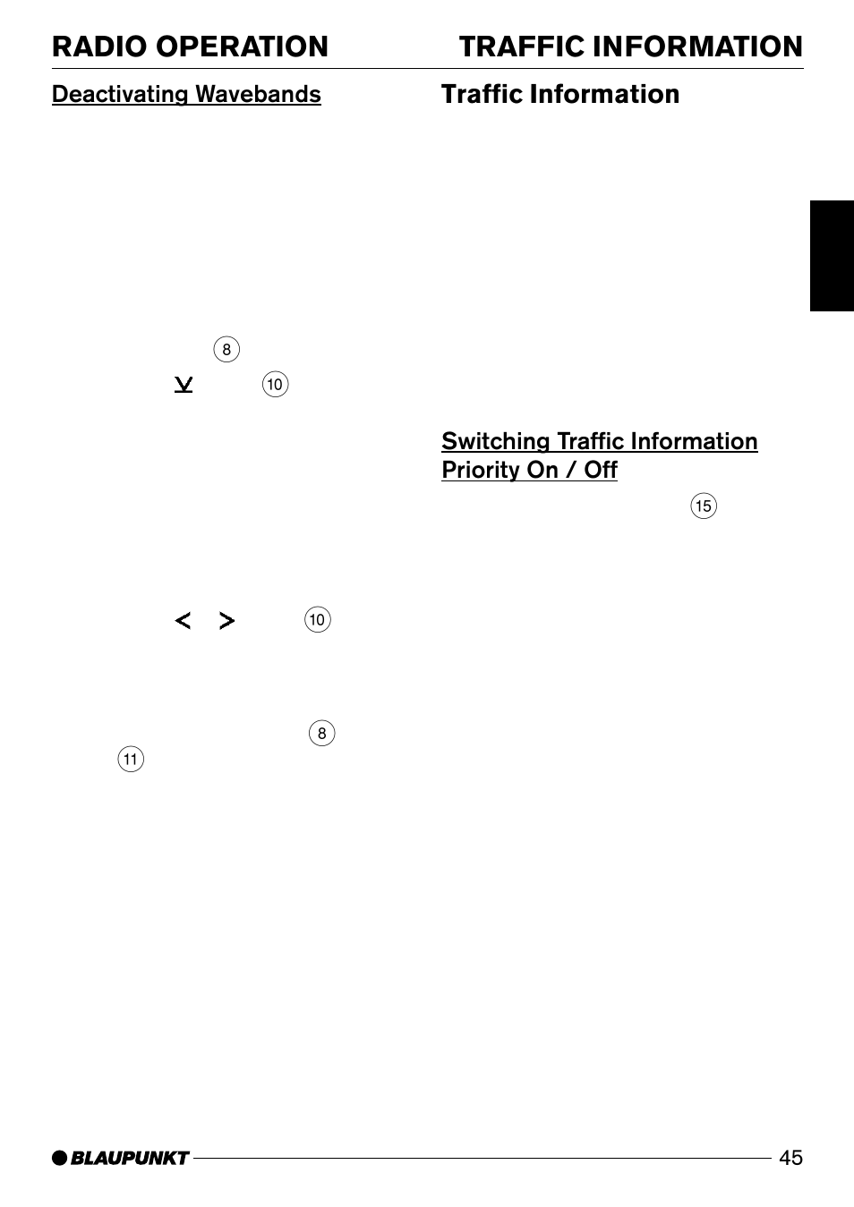 Radio operation traffic information, Traffic information, Deactivating wavebands | Switching traffic information priority on / off | Blaupunkt Acapulco CD51 User Manual | Page 15 / 30