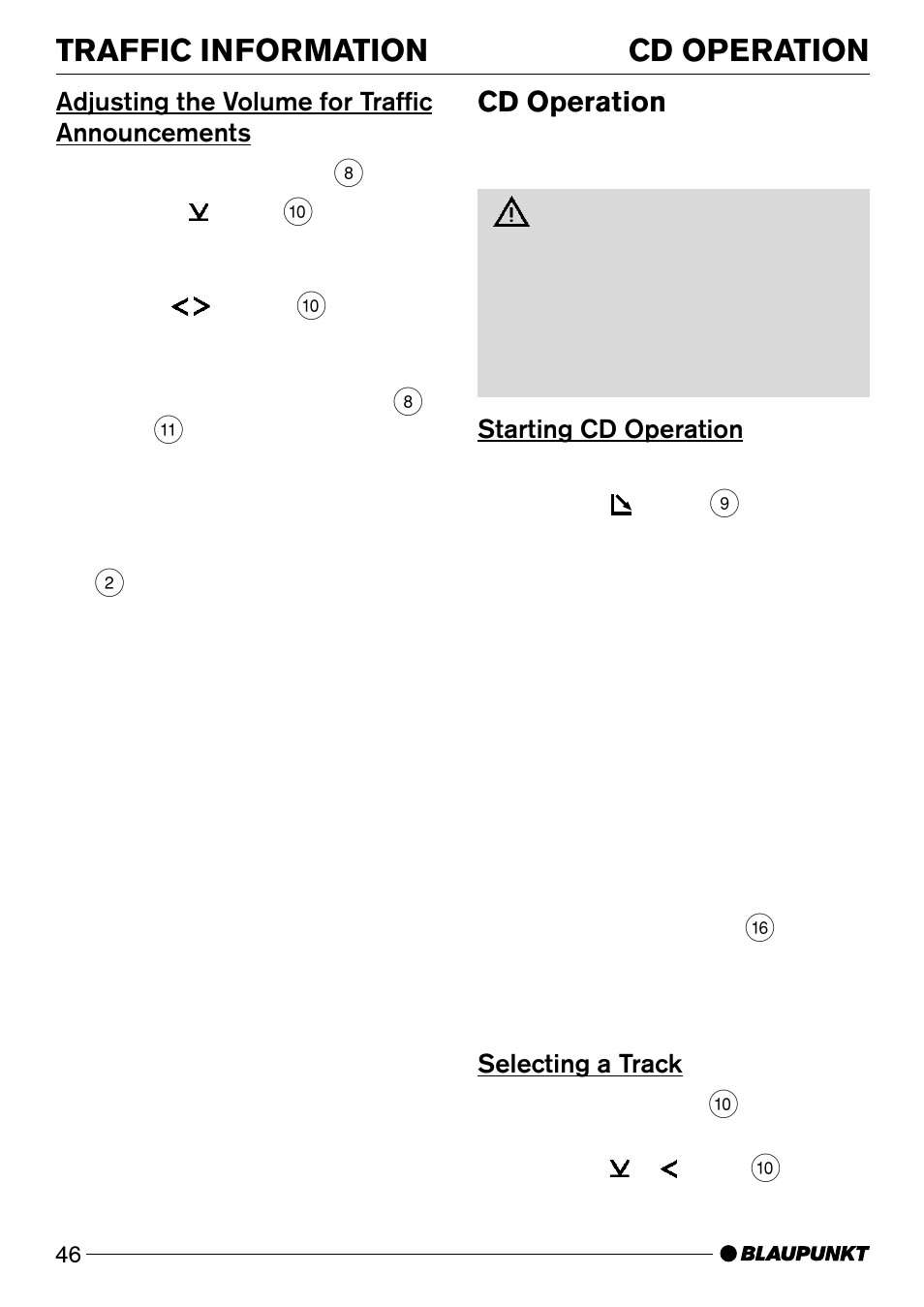 Traffic information, Cd operation | Blaupunkt Acapulco CD51 User Manual | Page 16 / 30