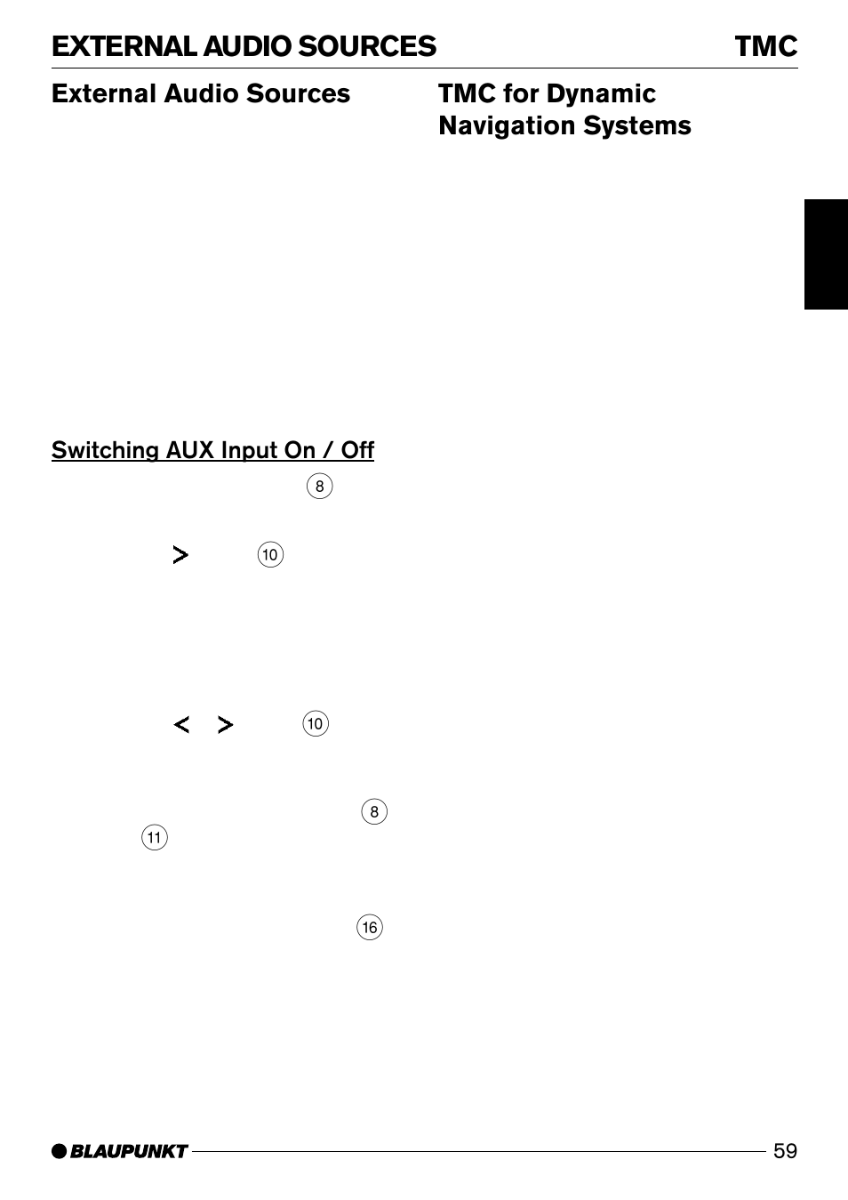 External audio sources tmc, External audio sources, Tmc for dynamic navigation systems | Switching aux input on / off | Blaupunkt Acapulco CD51 User Manual | Page 29 / 30