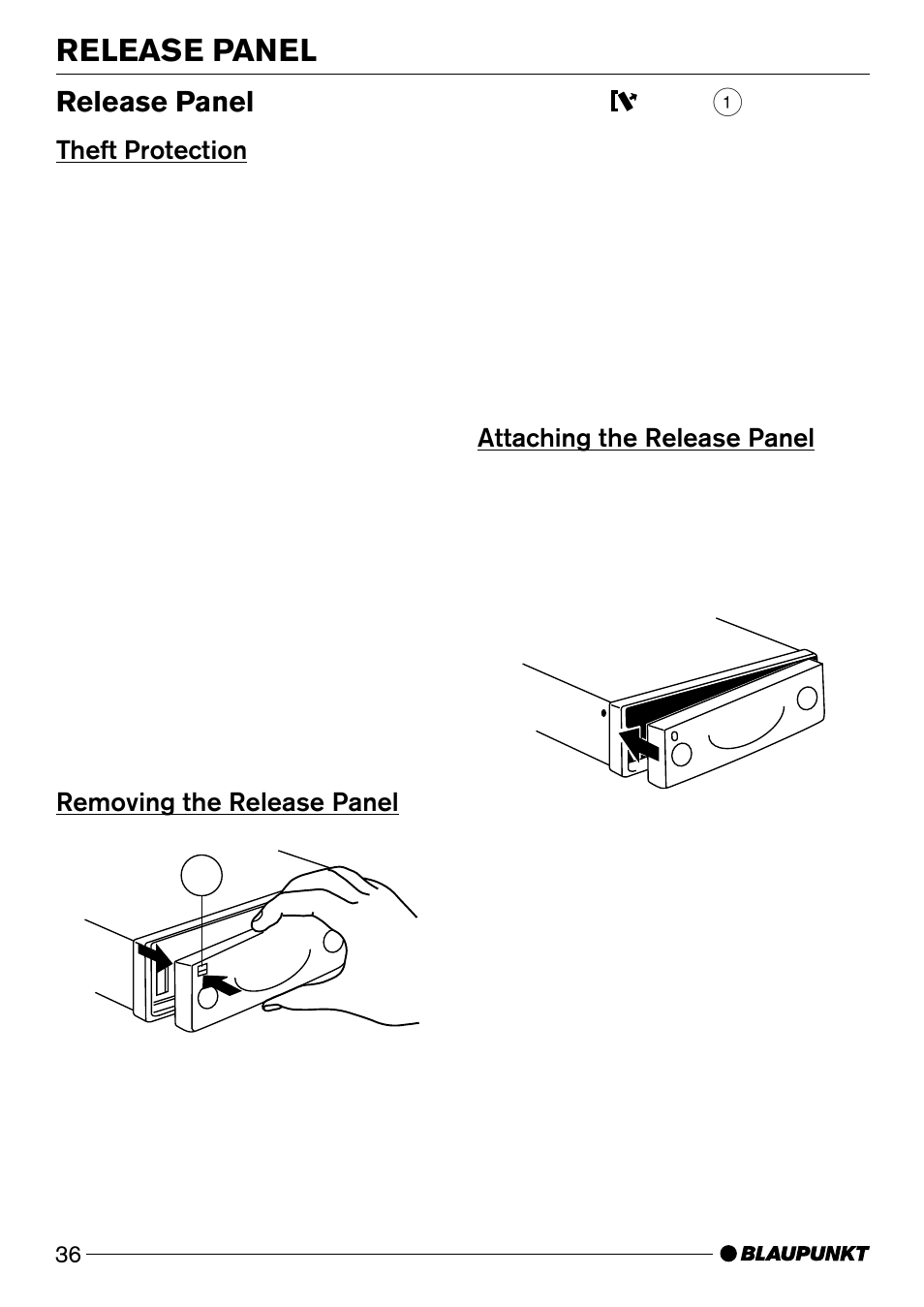 Release panel, Theft protection, Removing the release panel 1 | Attaching the release panel | Blaupunkt Acapulco CD51 User Manual | Page 6 / 30