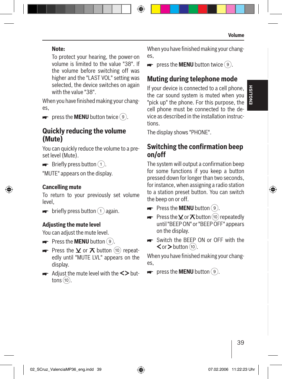 Quickly reducing the volume (mute), Muting during telephone mode, Switching the confirmation beep on/off | Blaupunkt SANTA CRUZ MP36 User Manual | Page 10 / 33