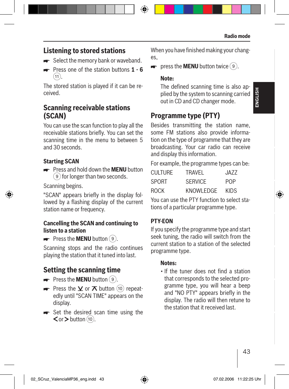 Listening to stored stations, Scanning receivable stations (scan), Setting the scanning time | Programme type (pty) | Blaupunkt SANTA CRUZ MP36 User Manual | Page 14 / 33
