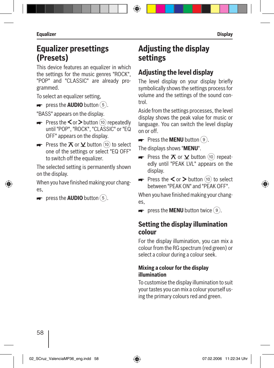 Equalizer presettings (presets), Adjusting the display settings, Adjusting the level display | Setting the display illumination colour | Blaupunkt SANTA CRUZ MP36 User Manual | Page 29 / 33