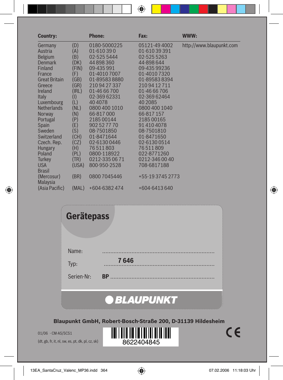 Gerätepass | Blaupunkt SANTA CRUZ MP36 User Manual | Page 33 / 33