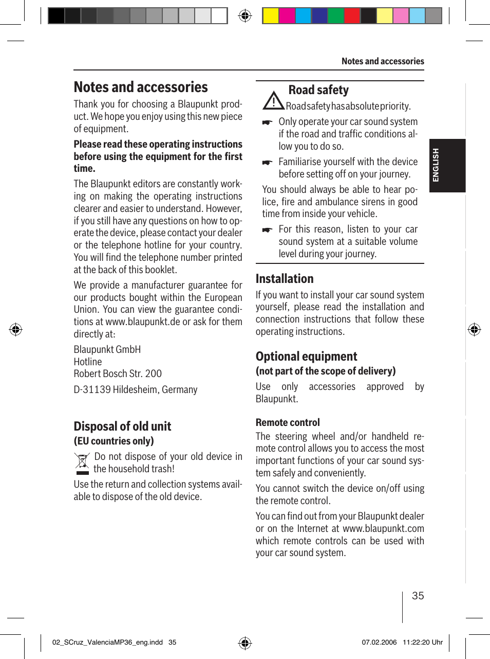 Disposal of old unit, Road safety, Installation | Optional equipment | Blaupunkt SANTA CRUZ MP36 User Manual | Page 6 / 33