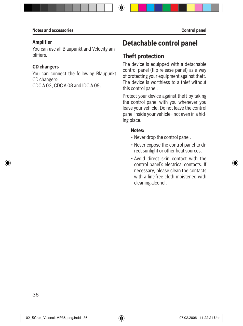 Detachable control panel, Theft protection | Blaupunkt SANTA CRUZ MP36 User Manual | Page 7 / 33