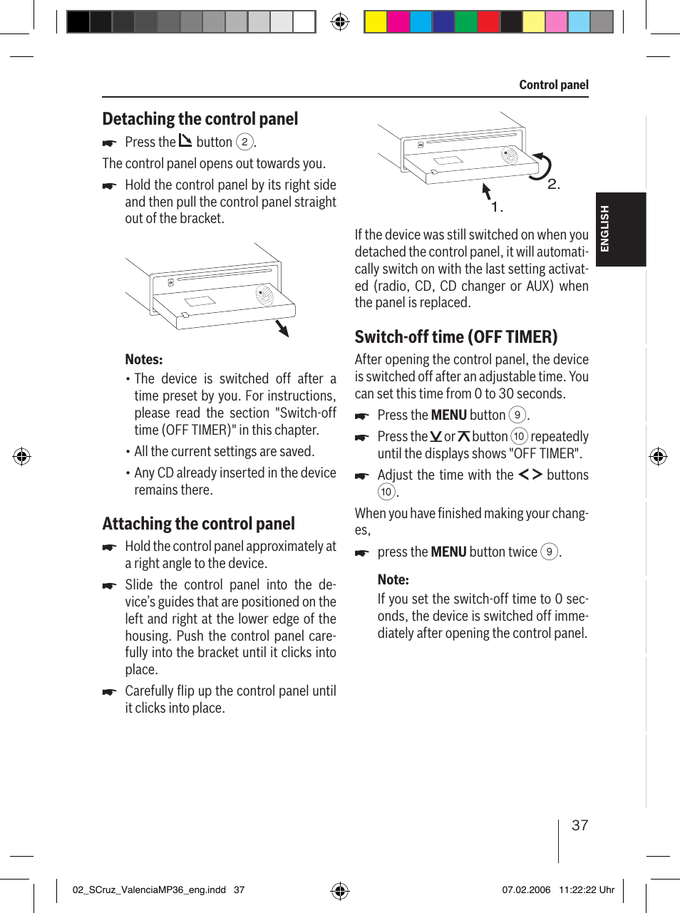 Detaching the control panel, Attaching the control panel, Switch-off time (off timer) | Blaupunkt SANTA CRUZ MP36 User Manual | Page 8 / 33