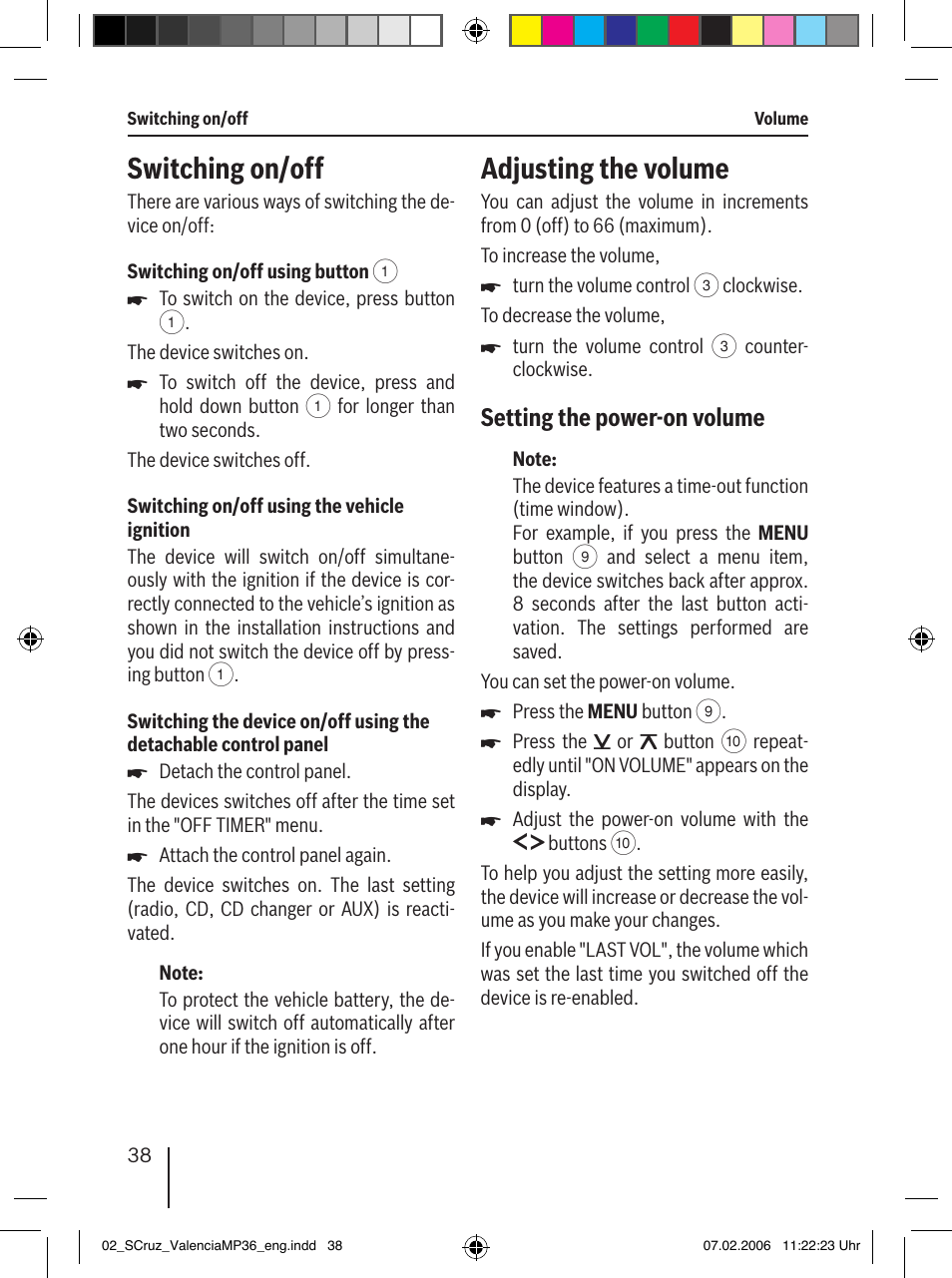 Switching on/off, Adjusting the volume, Setting the power-on volume | Blaupunkt SANTA CRUZ MP36 User Manual | Page 9 / 33