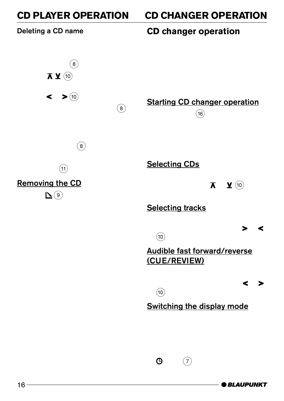 Cd player operation cd changer operation, Cd changer operation | Blaupunkt CD50 User Manual | Page 15 / 30
