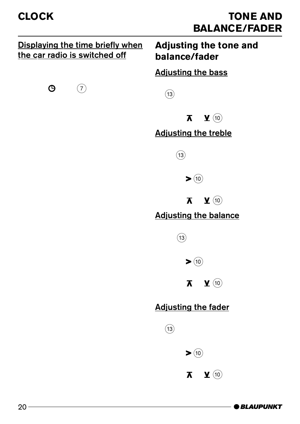 Clock tone and balance/fader, Adjusting the tone and balance/fader | Blaupunkt CD50 User Manual | Page 19 / 30