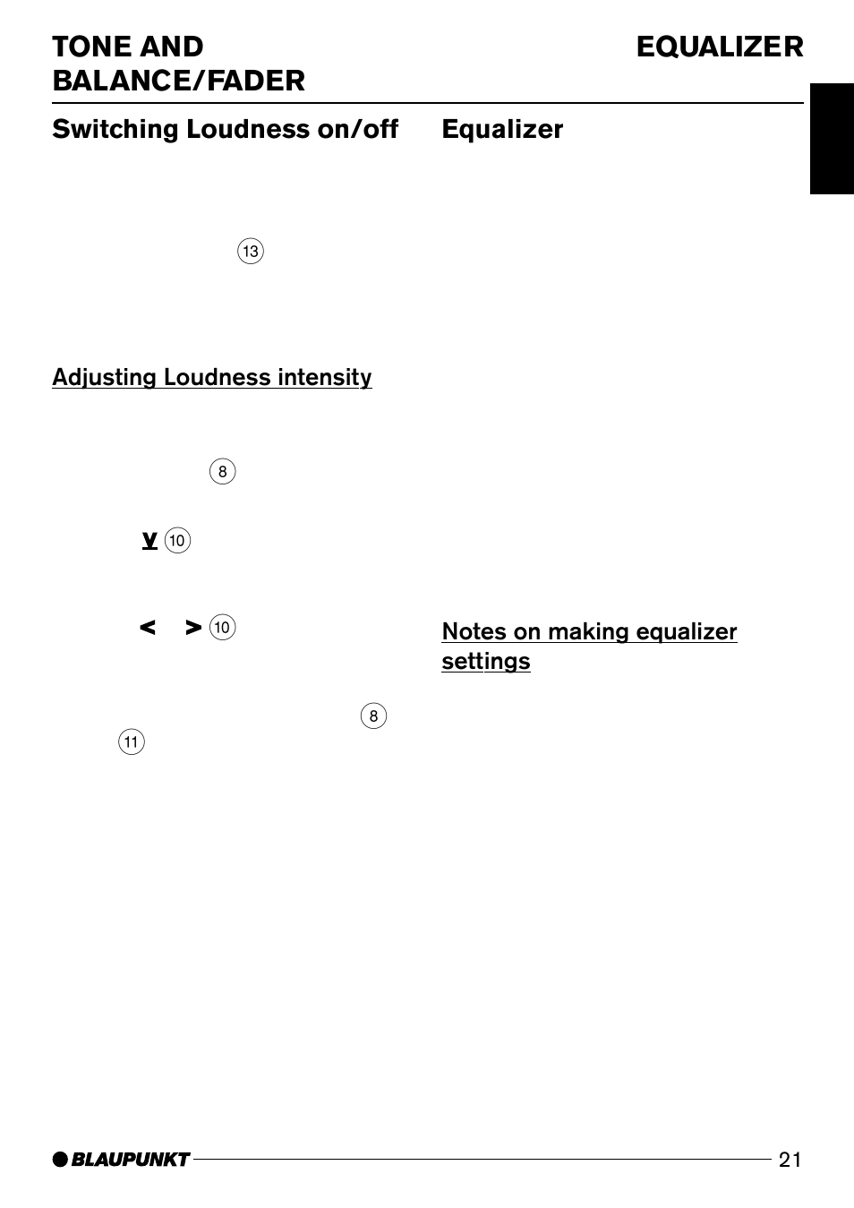 Equalizer tone and balance/fader, Switching loudness on/off, Equalizer | Blaupunkt CD50 User Manual | Page 20 / 30