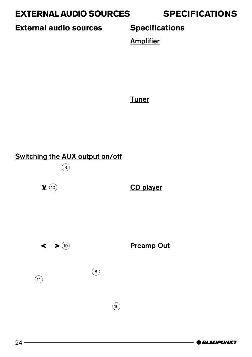 External audio sources specifications, External audio sources, Specifications | Blaupunkt CD50 User Manual | Page 23 / 30