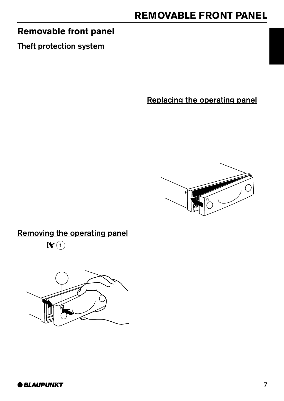 Removable front panel, Theft protection system, Removing the operating panel | Replacing the operating panel | Blaupunkt CD50 User Manual | Page 6 / 30