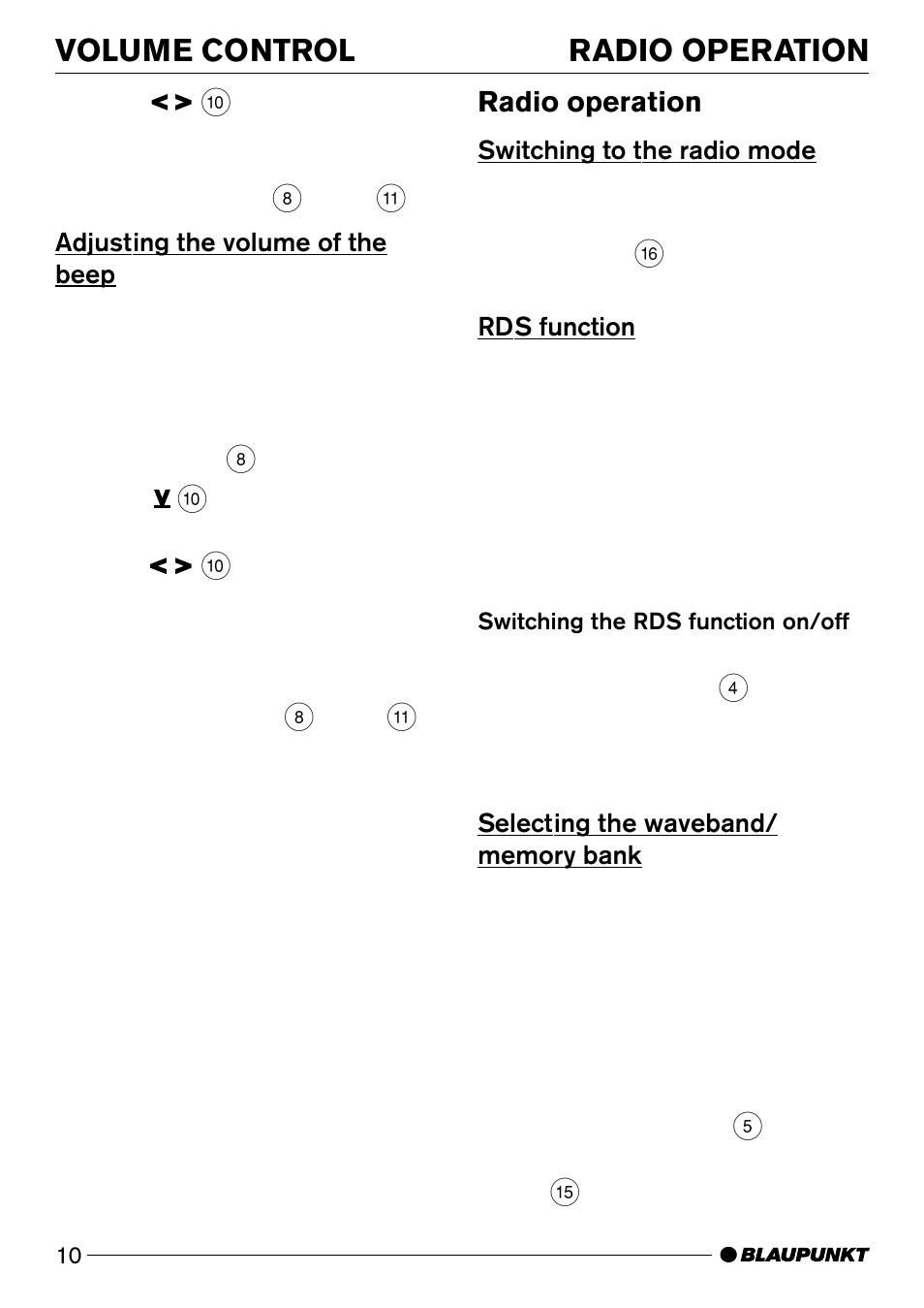 Volume control radio operation, Radio operation | Blaupunkt CD50 User Manual | Page 9 / 30