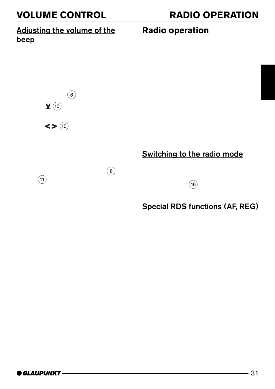 Volume control radio operation, Radio operation, Adjusting the volume of the beep | Switching to the radio mode, Special rds functions (af, reg) | Blaupunkt DJ50 User Manual | Page 10 / 25