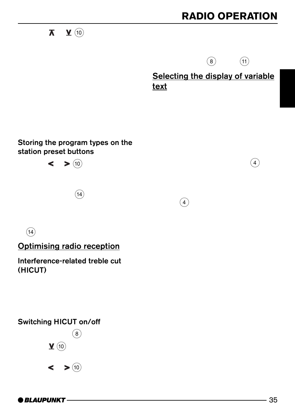 Radio operation, Optimising radio reception, Selecting the display of variable text | Blaupunkt DJ50 User Manual | Page 14 / 25