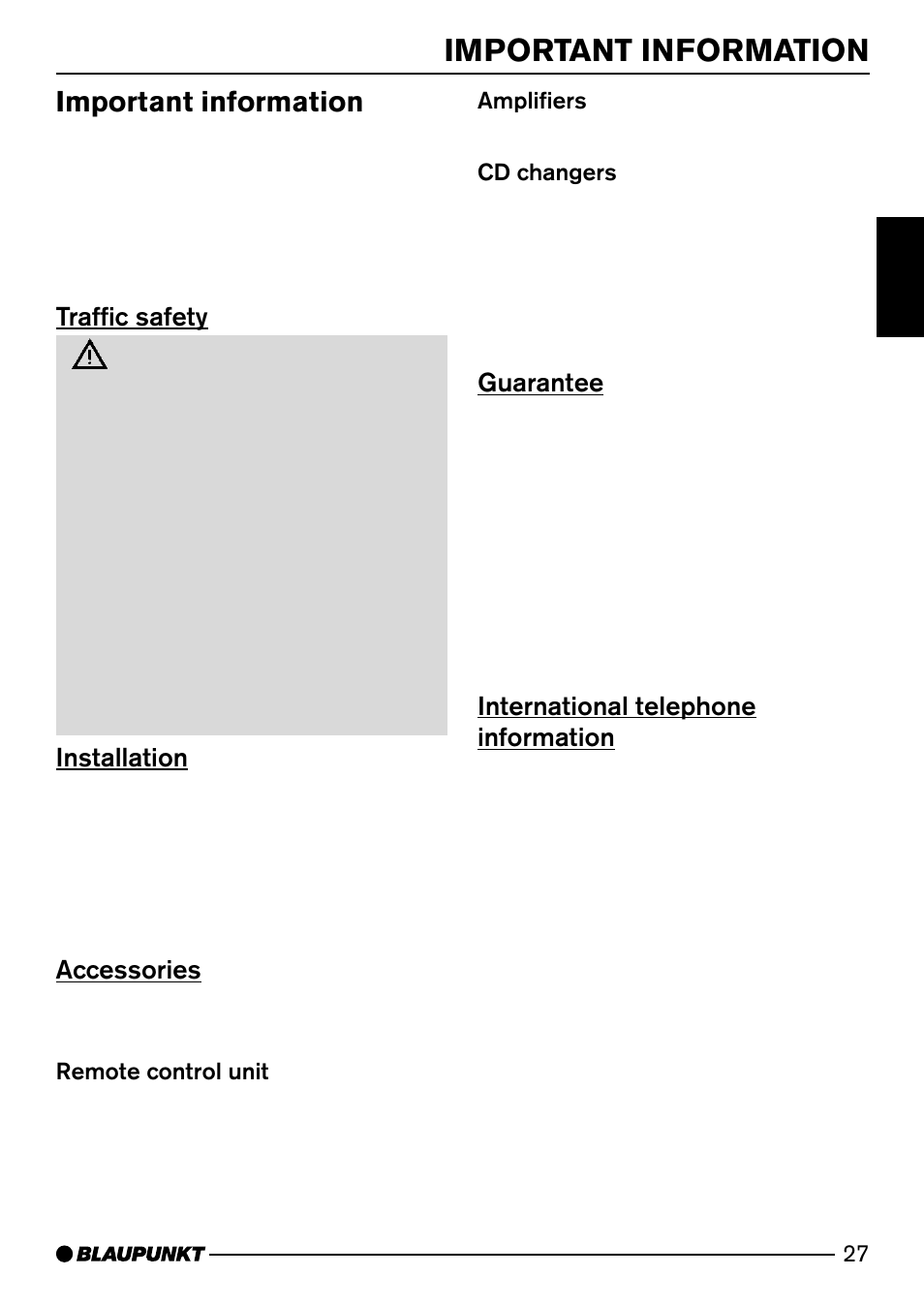 Important information, Traffic safety, Installation | Accessories, Guarantee, International telephone information | Blaupunkt DJ50 User Manual | Page 6 / 25