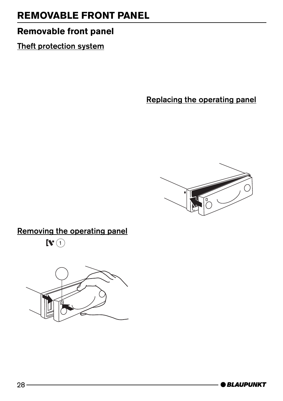 Removable front panel, Theft protection system, Removing the operating panel | Replacing the operating panel | Blaupunkt DJ50 User Manual | Page 7 / 25