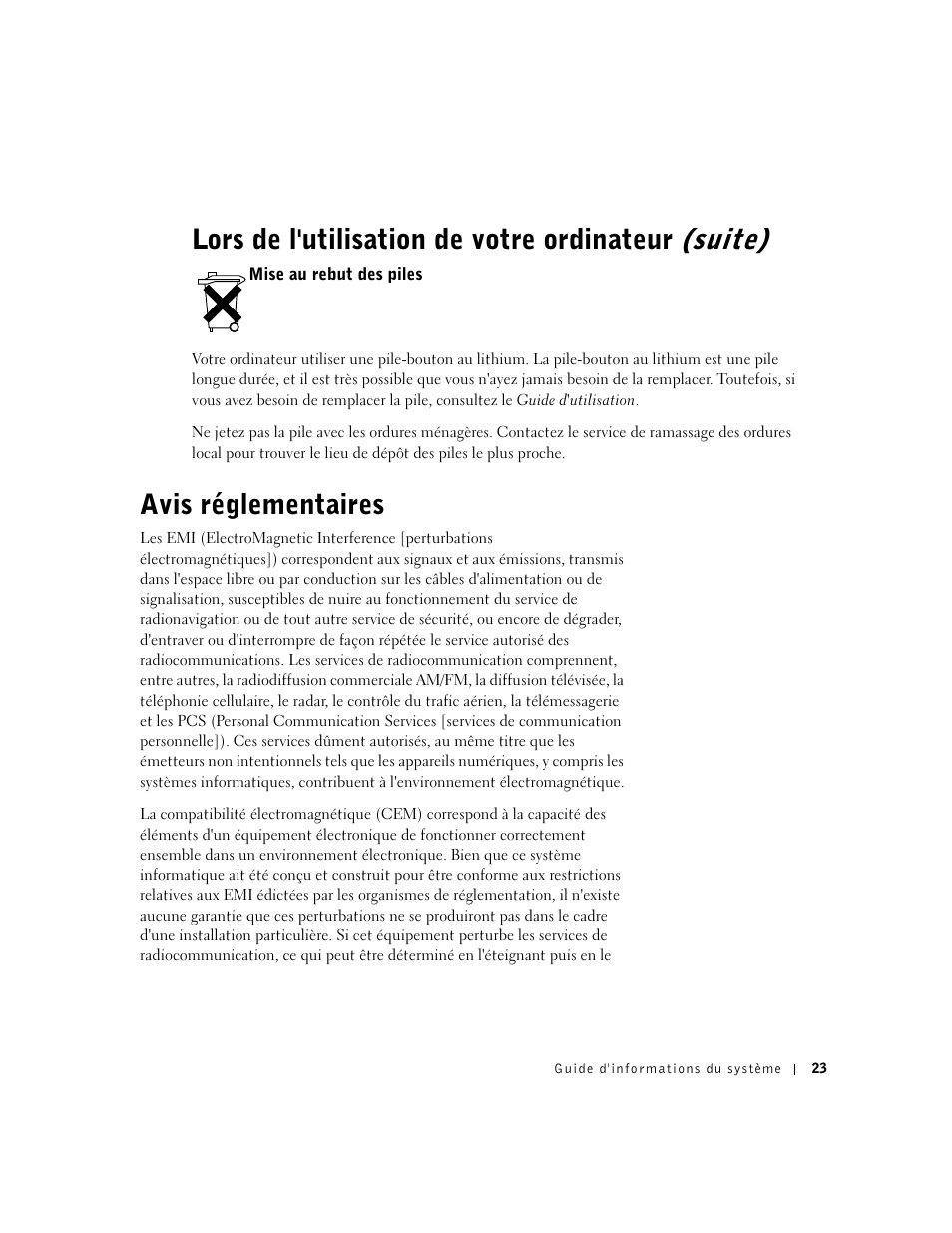 Mise au rebut des piles, Avis réglementaires, Lors de l'utilisation de votre ordinateur (suite) | Dell Precision 360 User Manual | Page 24 / 62