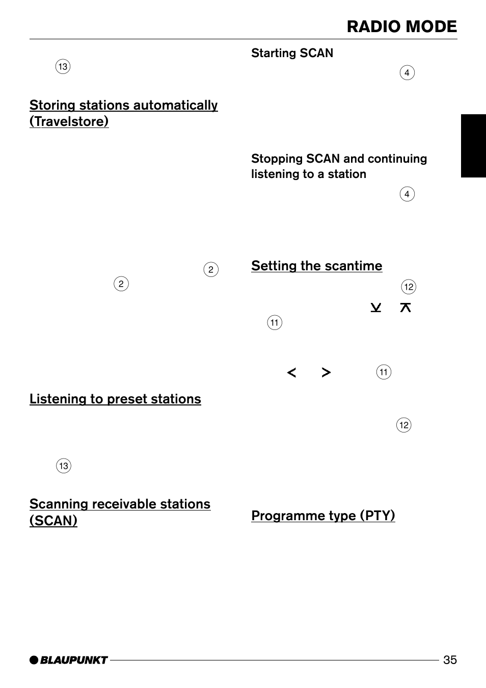 Radio mode, Storing stations automatically (travelstore), Listening to preset stations | Scanning receivable stations (scan), Setting the scantime, Programme type (pty) | Blaupunkt Canberra C31 User Manual | Page 13 / 26