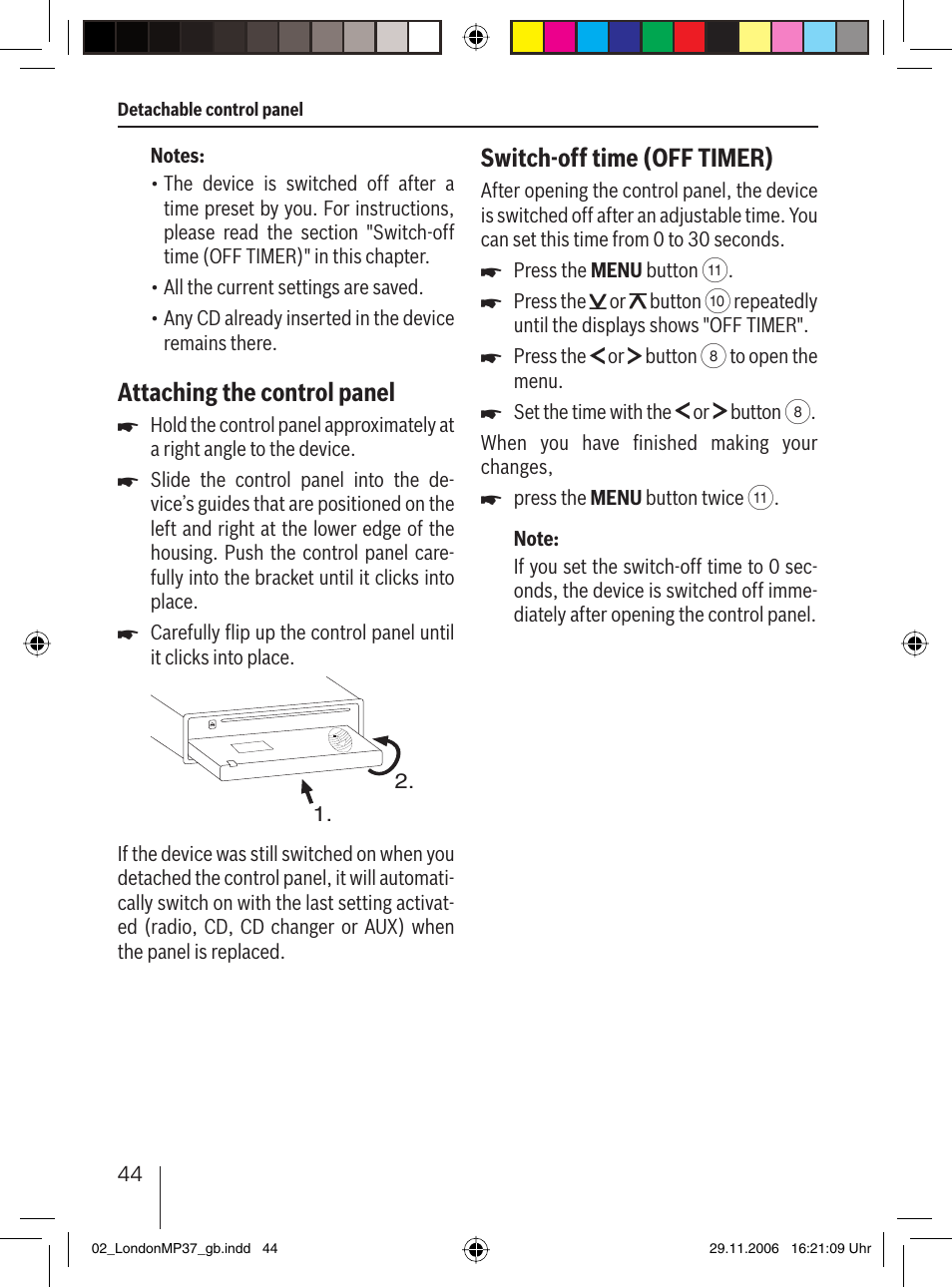 Attaching the control panel, Switch-off time (off timer) | Blaupunkt LONDON MP37 7 647 553 310 User Manual | Page 10 / 38