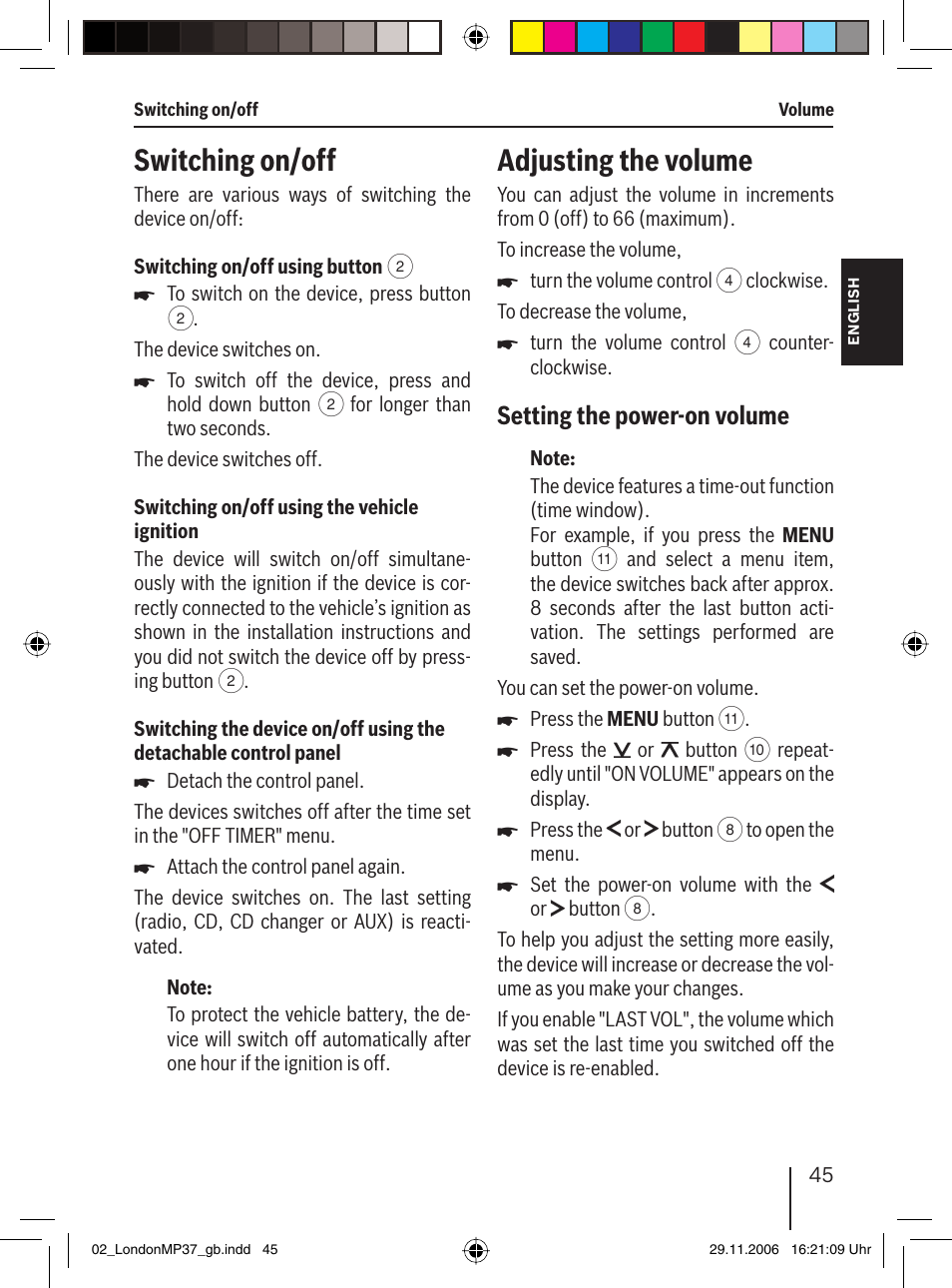 Switching on/off, Adjusting the volume, Setting the power-on volume | Blaupunkt LONDON MP37 7 647 553 310 User Manual | Page 11 / 38