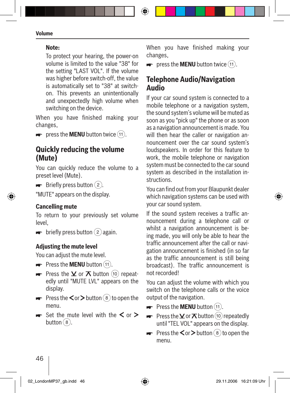 Telephone audio/navigation audio, Quickly reducing the volume (mute) | Blaupunkt LONDON MP37 7 647 553 310 User Manual | Page 12 / 38