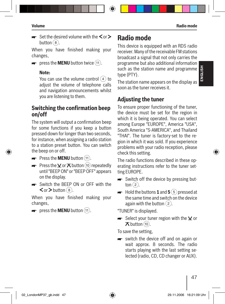 Radio mode, Switching the conﬁ rmation beep on/off, Adjusting the tuner | Blaupunkt LONDON MP37 7 647 553 310 User Manual | Page 13 / 38