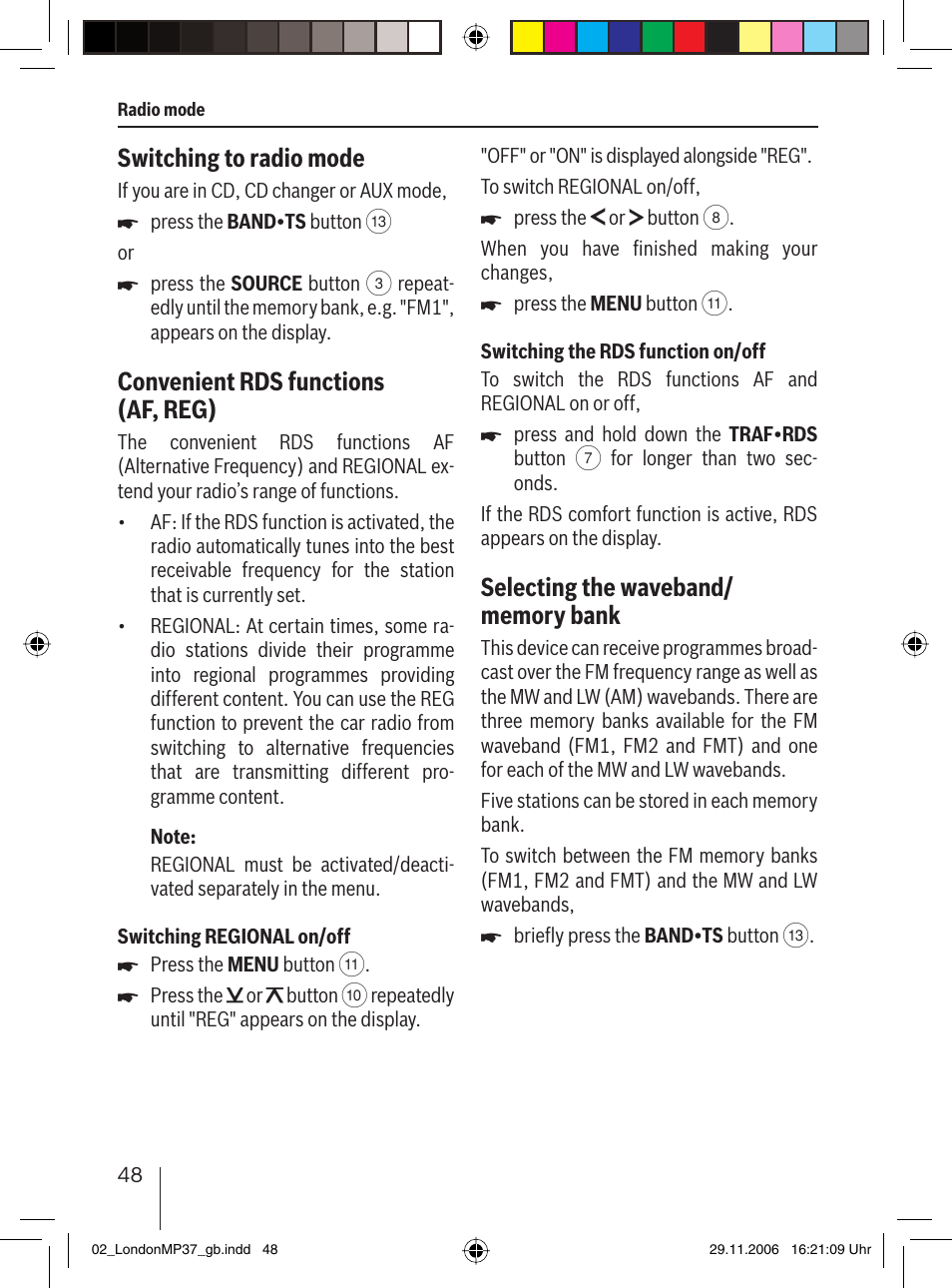 Switching to radio mode, Convenient rds functions (af, reg) | Blaupunkt LONDON MP37 7 647 553 310 User Manual | Page 14 / 38