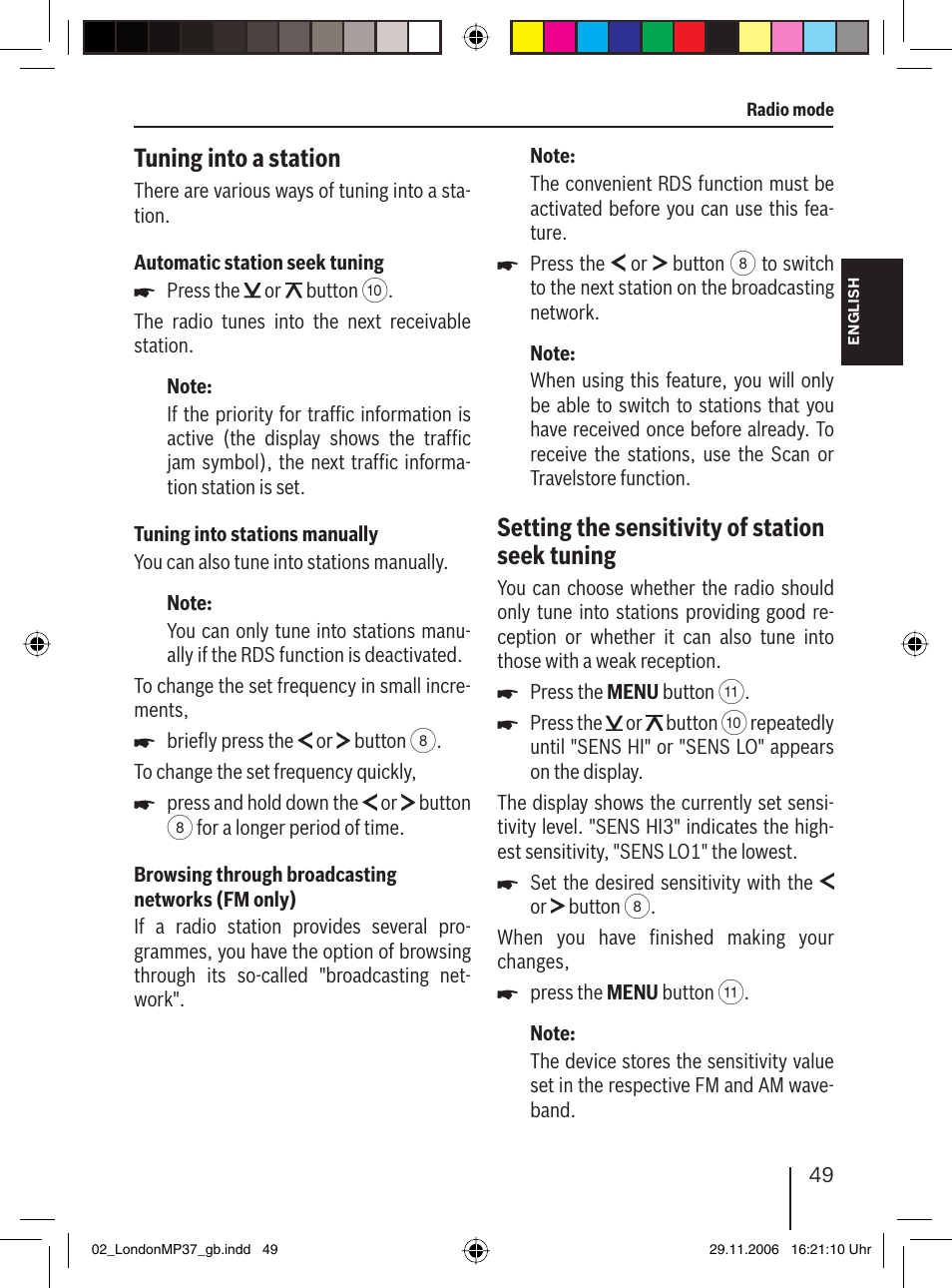 Tuning into a station, Setting the sensitivity of station seek tuning | Blaupunkt LONDON MP37 7 647 553 310 User Manual | Page 15 / 38