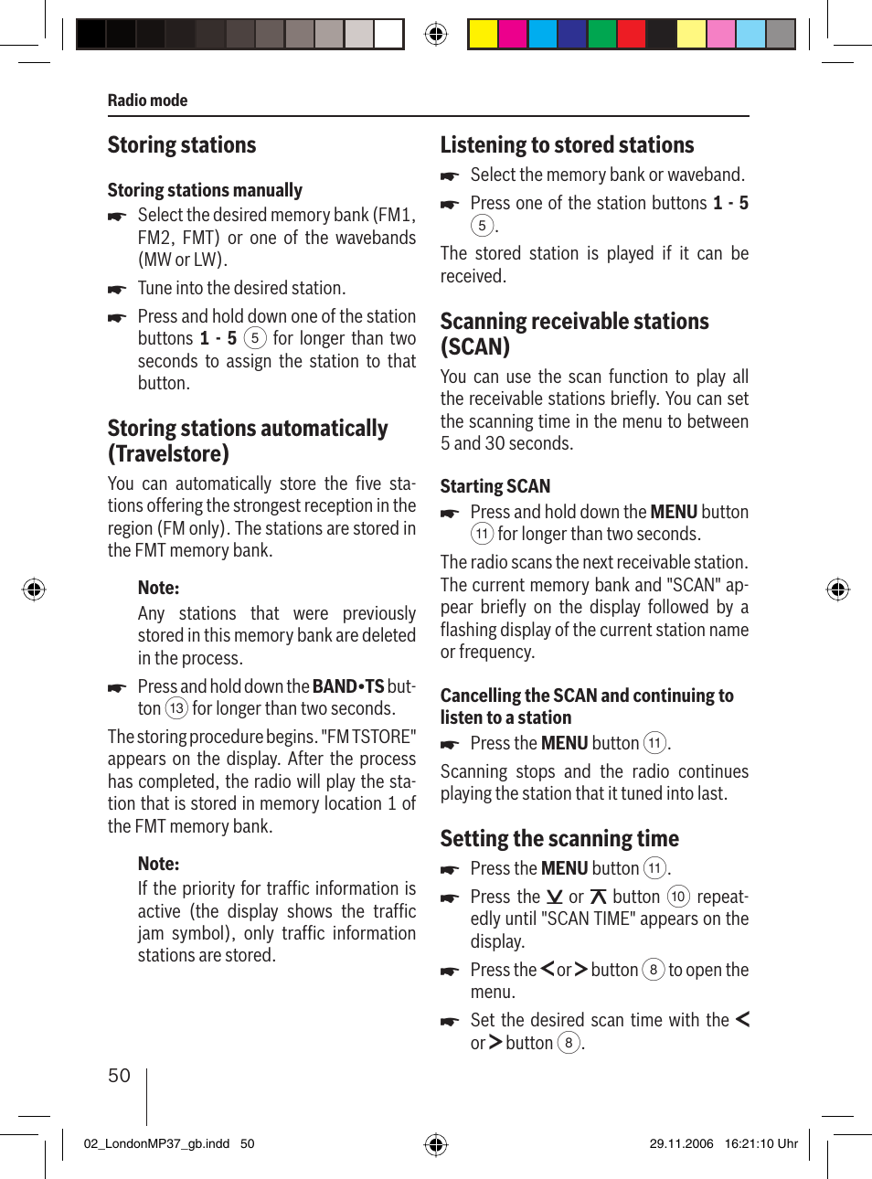 Storing stations, Storing stations automatically (travelstore), Listening to stored stations | Scanning receivable stations (scan), Setting the scanning time | Blaupunkt LONDON MP37 7 647 553 310 User Manual | Page 16 / 38