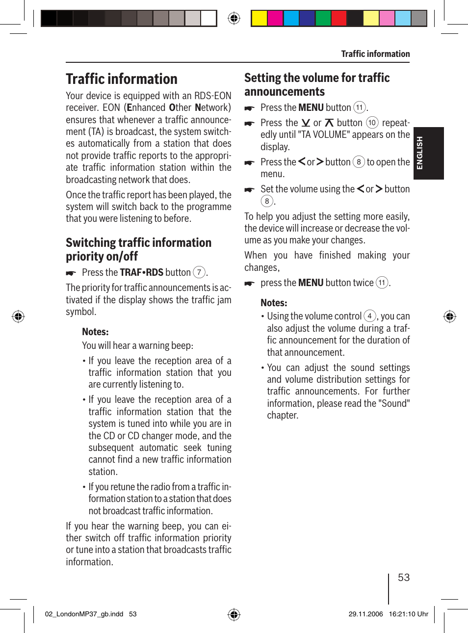 Trafﬁ c information, Switching trafﬁ c information priority on/off, Setting the volume for trafﬁ c announcements | Blaupunkt LONDON MP37 7 647 553 310 User Manual | Page 19 / 38