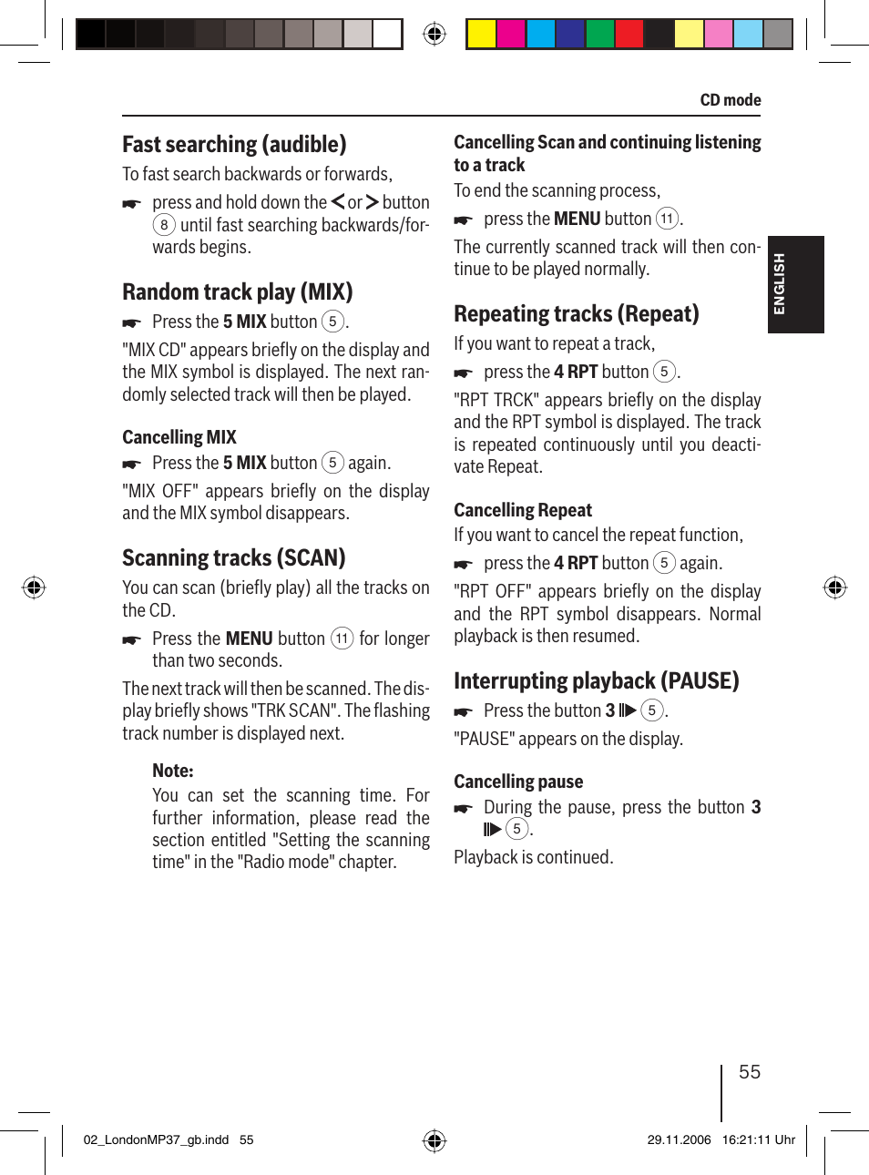 Fast searching (audible), Random track play (mix), Scanning tracks (scan) | Repeating tracks (repeat), Interrupting playback (pause) | Blaupunkt LONDON MP37 7 647 553 310 User Manual | Page 21 / 38