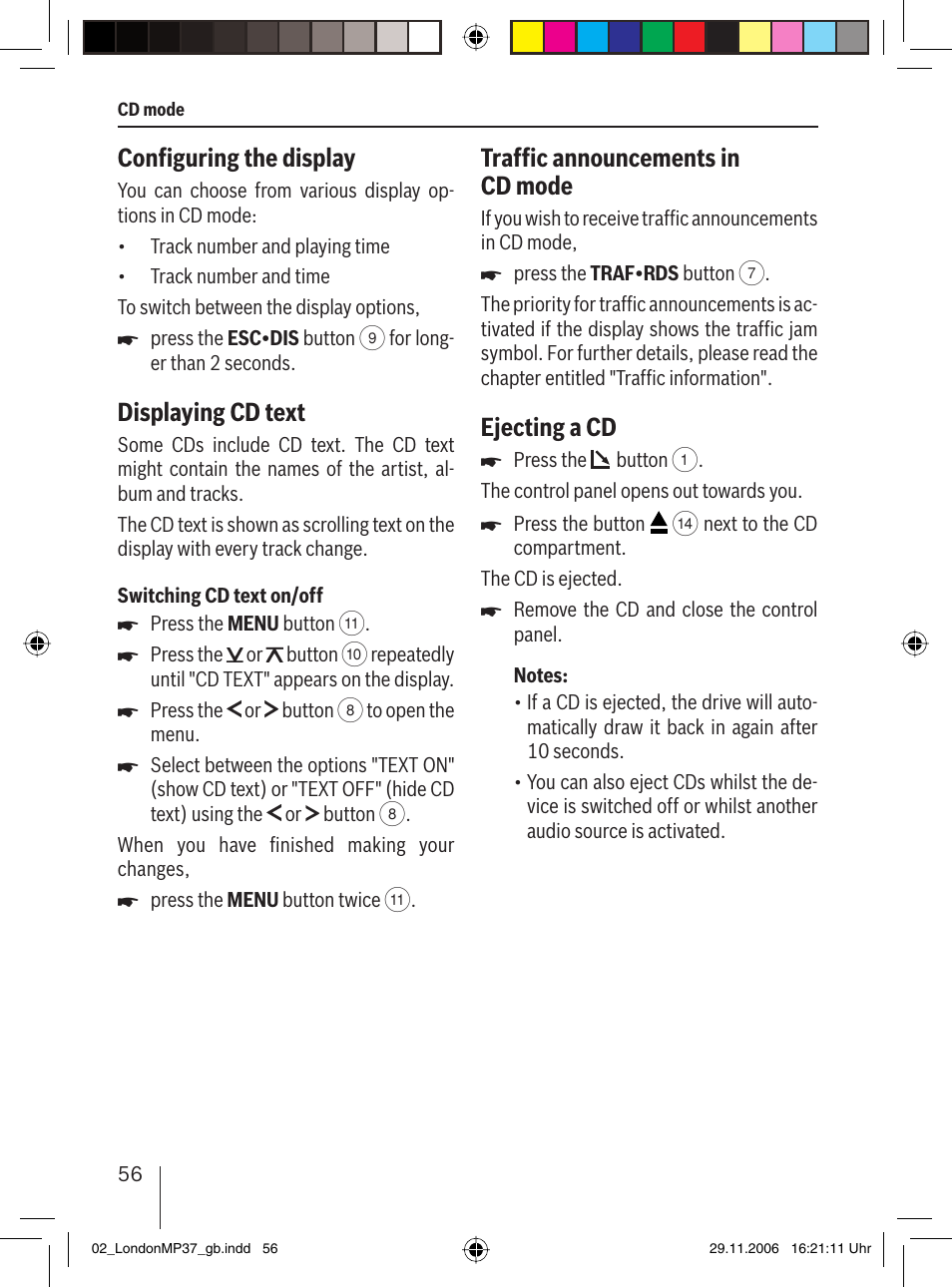 Conﬁ guring the display, Displaying cd text, Trafﬁ c announcements in cd mode | Ejecting a cd | Blaupunkt LONDON MP37 7 647 553 310 User Manual | Page 22 / 38