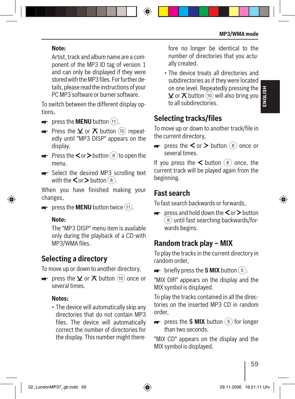 Selecting a directory, Selecting tracks/ﬁ les, Fast search | Random track play – mix | Blaupunkt LONDON MP37 7 647 553 310 User Manual | Page 25 / 38