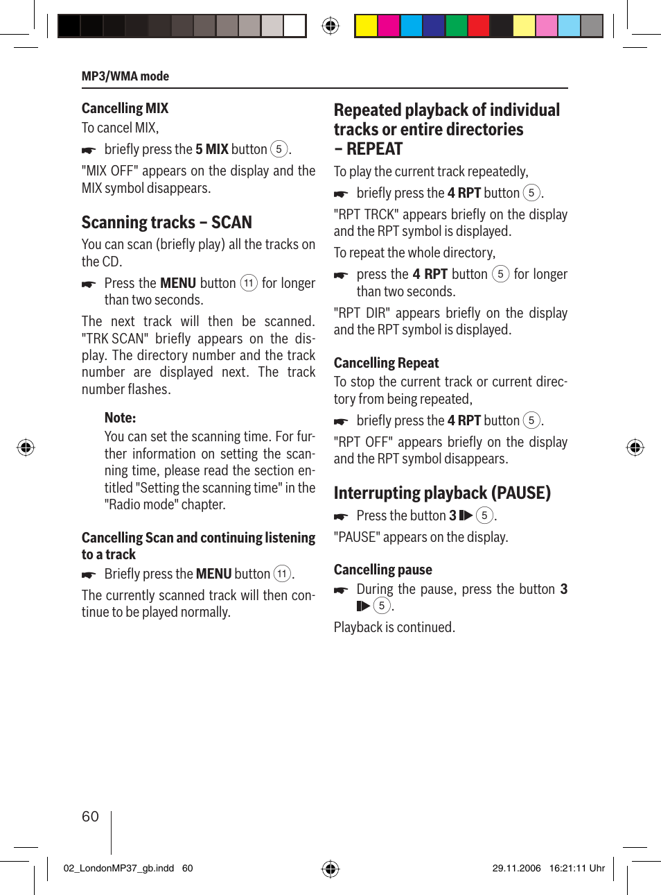 Scanning tracks – scan, Interrupting playback (pause) | Blaupunkt LONDON MP37 7 647 553 310 User Manual | Page 26 / 38