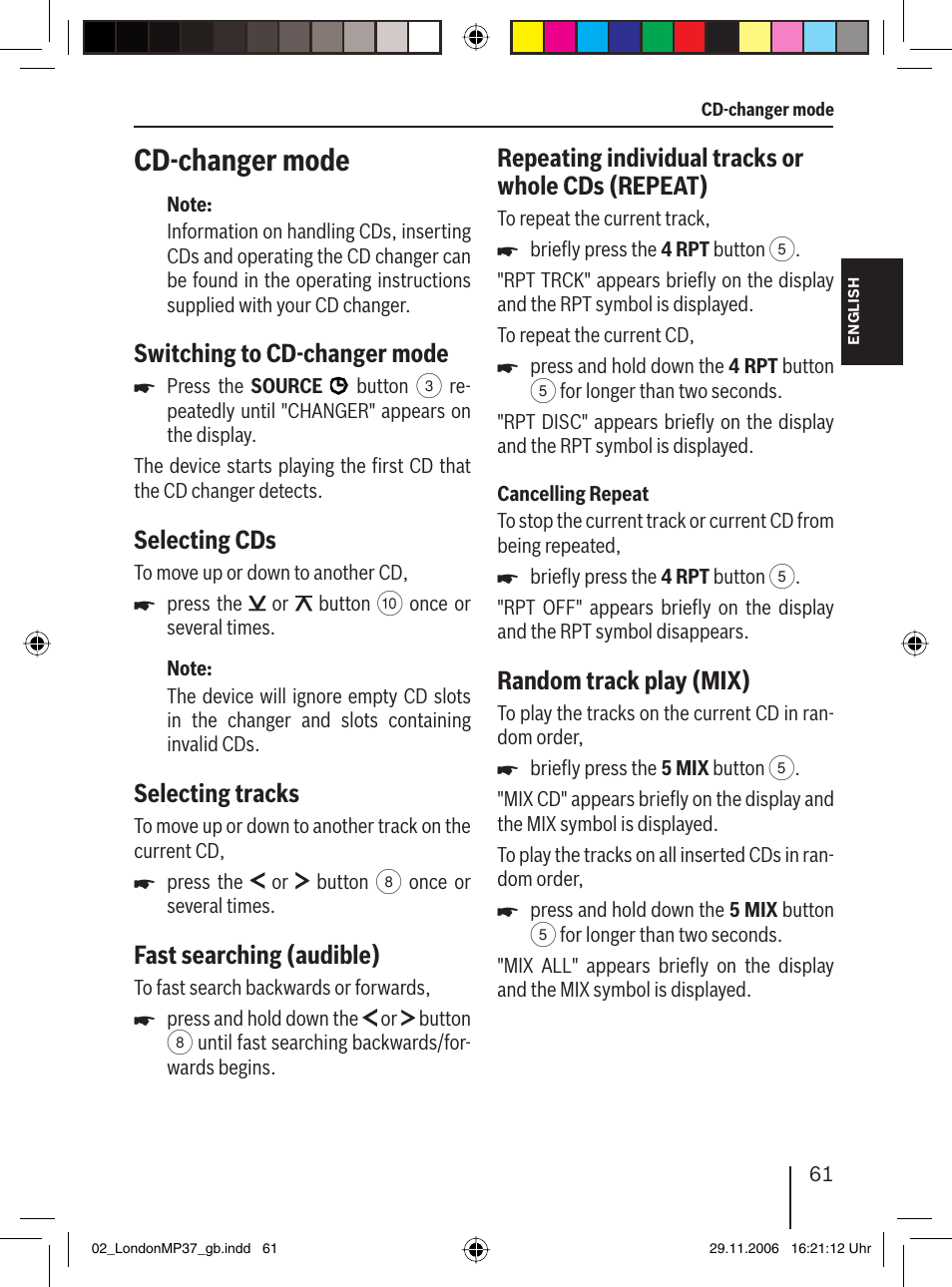 Cd-changer mode, Switching to cd-changer mode, Selecting cds | Selecting tracks, Fast searching (audible), Repeating individual tracks or whole cds (repeat), Random track play (mix) | Blaupunkt LONDON MP37 7 647 553 310 User Manual | Page 27 / 38