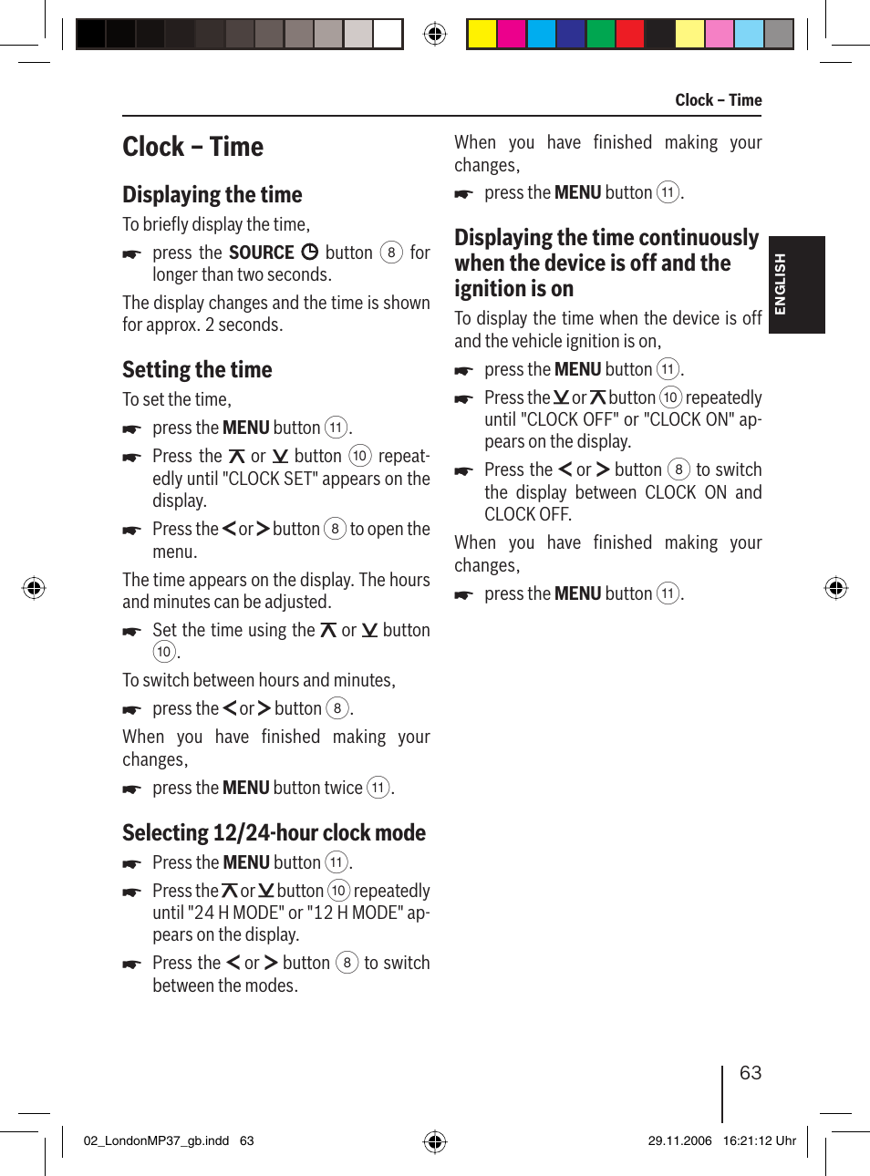 Clock – time, Displaying the time, Setting the time | Selecting 12/24-hour clock mode | Blaupunkt LONDON MP37 7 647 553 310 User Manual | Page 29 / 38