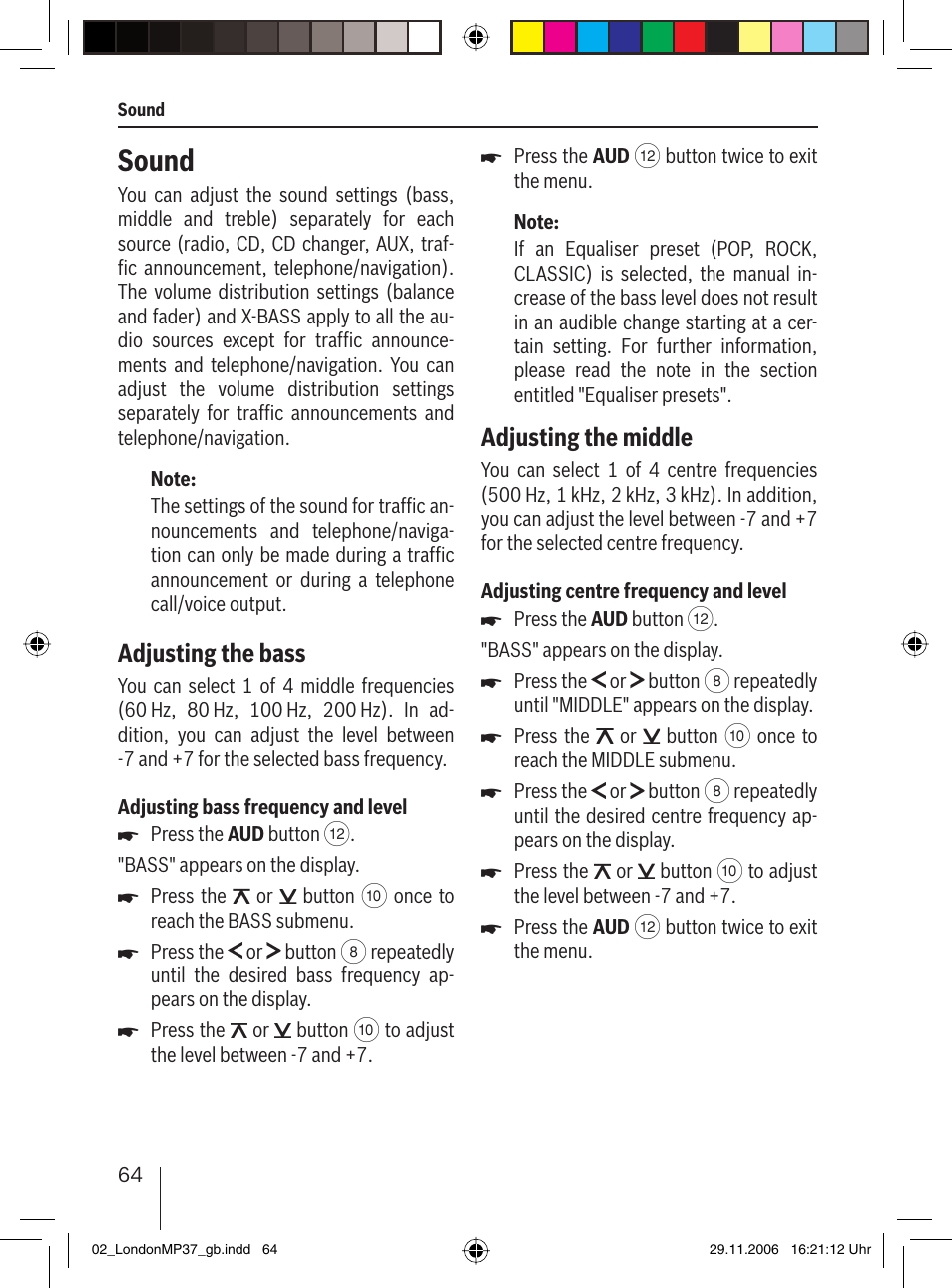 Sound, Adjusting the bass, Adjusting the middle | Blaupunkt LONDON MP37 7 647 553 310 User Manual | Page 30 / 38