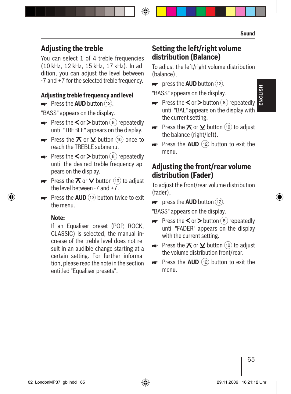 Adjusting the treble | Blaupunkt LONDON MP37 7 647 553 310 User Manual | Page 31 / 38