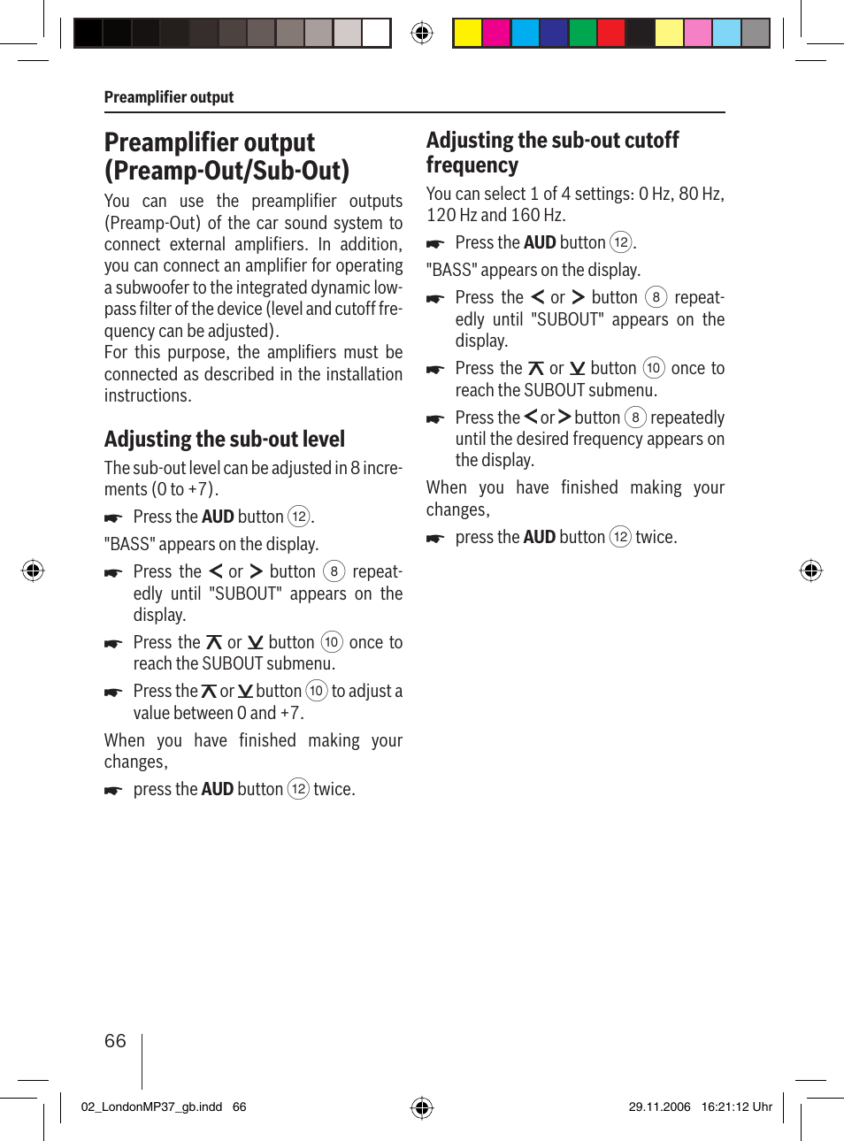 Preampliﬁ er output (preamp-out/sub-out), Adjusting the sub-out level, Adjusting the sub-out cutoff frequency | Blaupunkt LONDON MP37 7 647 553 310 User Manual | Page 32 / 38