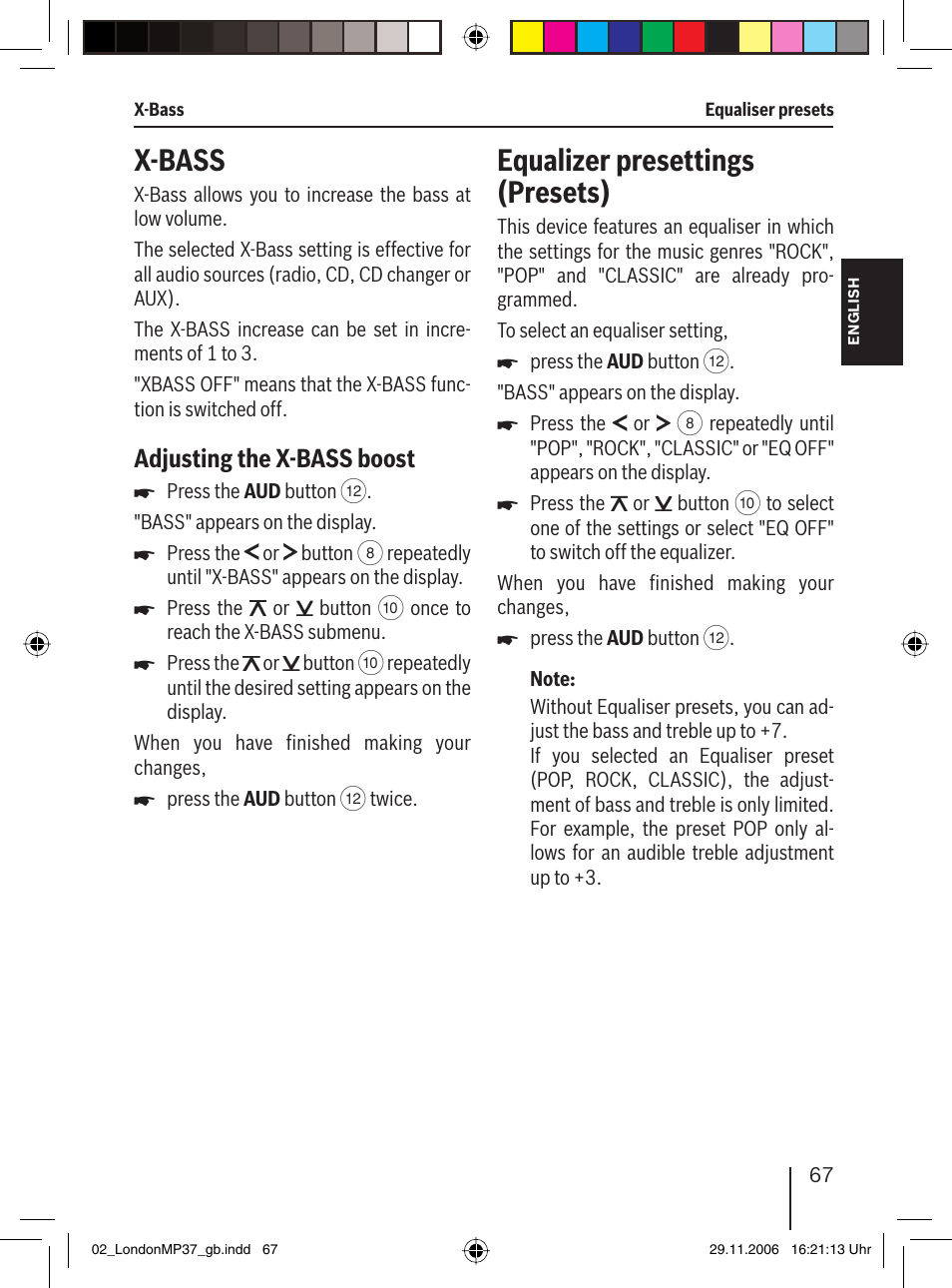 X-bass, Equalizer presettings (presets), Adjusting the x-bass boost | Blaupunkt LONDON MP37 7 647 553 310 User Manual | Page 33 / 38