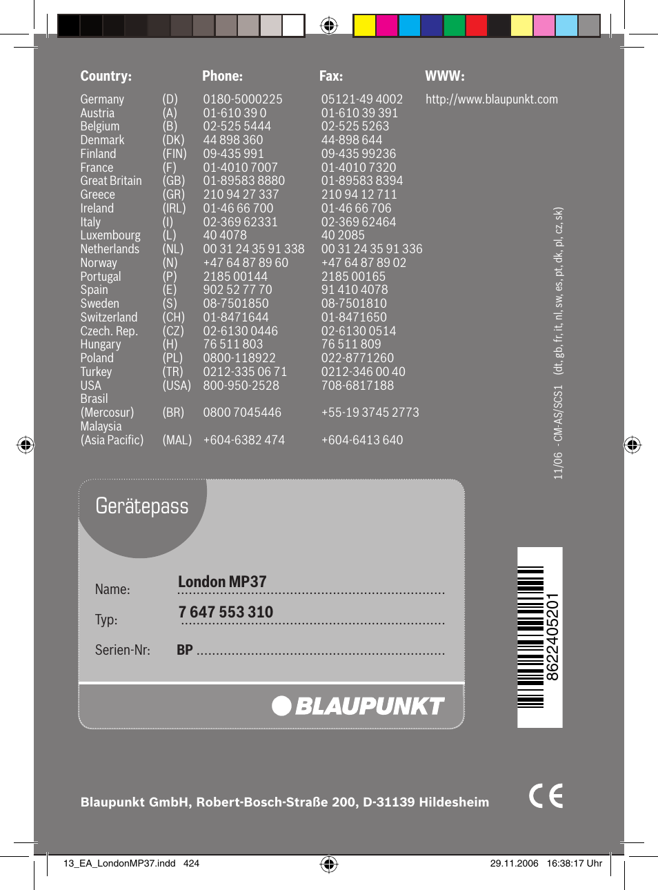 Gerätepass | Blaupunkt LONDON MP37 7 647 553 310 User Manual | Page 38 / 38