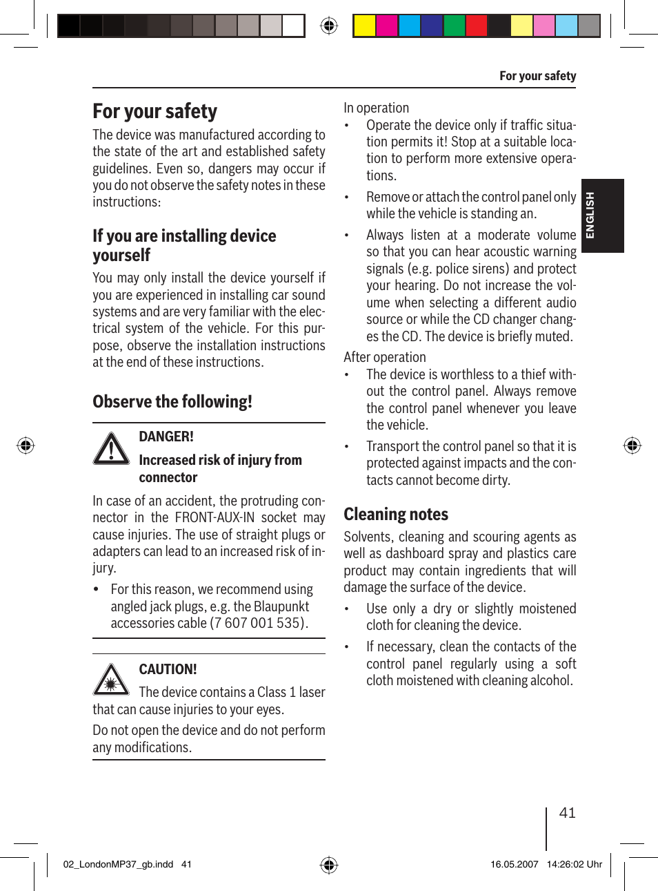 For your safety, If you are installing device yourself, Observe the following | Blaupunkt LONDON MP37 7 647 553 310 User Manual | Page 7 / 38